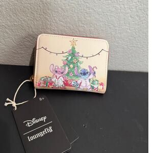Loungefly Stitch & Angel Wallet Holiday Tree Mini Zipper Disney Holiday Red NWT